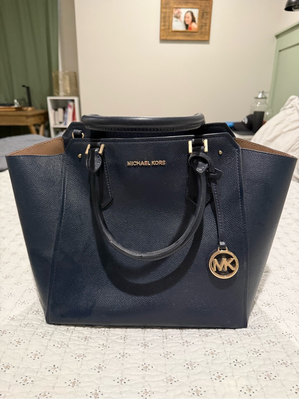 Michael Kors Navy Saffiano Satchel with Gold Hardware